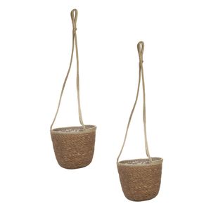 Set van 2x stuks hangende plantenpot/bloempot van jute/zeegras dia 19 cm en hoogte 17 cm camel bruin