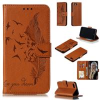 Feather patroon Litchi textuur horizontale Flip lederen draagtas met portemonnee & houder & kaartsleuven voor iPhone 8/7 (bruin)
