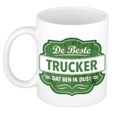 De beste trucker dat ben ik cadeau - koffiemok / beker - wit met groen embleem - 300 ml