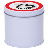 Cadeau koek of snoep blik - met 75 jaar opdruk sticker - 10 x 10 cm - Cadeauverpakking verjaardag