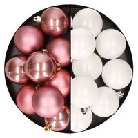 24x stuks kunststof kerstballen mix van oudroze en wit 6 cm