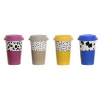Kop met deksel DKD Home Decor Multicolour dieren Stads 400 ml (4 Stuks)