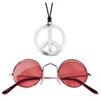 Hippie Flower Power sieraden set - peace-sign ketting met groovy rode bril