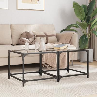 Salontafels 2 st met transparant glazen blad 50x50x40 cm staal