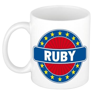 Ruby voornaam koffiemok - beker - wit/blauw - 300 ml - Cadeau - Heren - Collega - Vaderdag Ruby voornaam koffiemok - beker - wit/blauw - 300 ml - Cadeau - Heren - Collega - Vaderdag