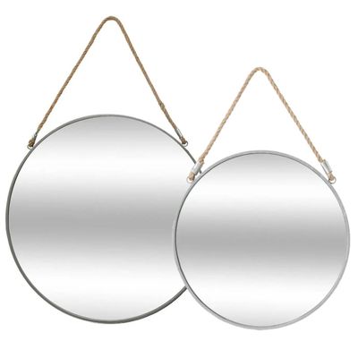 Set van 2x spiegels/wandspiegels rond metaal grijs met touw