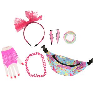 Foute 80s/90s party verkleed set compleet - dames - roze - jaren 80/90 verkleed accessoires