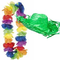 Carnaval verkleedset - Tropical Hawaii party - strohoed - en volle bloemenslinger multi colours