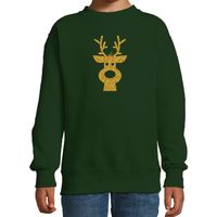 Rendier hoofd Kerstsweater / Kersttrui groen voor kinderen met gouden glitter bedrukking