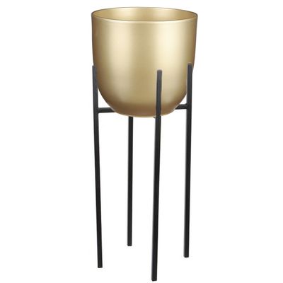 Bloempot D25 cm goud met plantenpot verhoger zwart/metaal van 25 cm