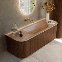 Badmeubel Mondiaz Kurve-Dlux | 130 cm | Meubelkleur Walnut | Wastafelkleur Saba | Solid surface | Wasbak midden spoelbak | Zonder kraangat(en) Badmeubel Mondiaz Kurve-Dlux | 130 cm | Meubelkleur Walnut | Wastafelkleur Saba | Solid surface | Wasbak midden spoelbak | Zonder kraangat(en)