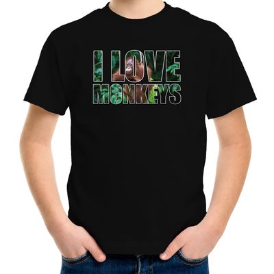 Tekst t-shirt I love monkeys met dieren foto van een orang oetan aap zwart voor kinderen Tekst t-shirt I love monkeys met dieren foto van een orang oetan aap zwart voor kinderen