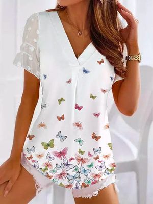 Butterfly Print Summer New Explosive Ladies Casual Short Sleeve Top