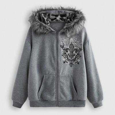 Bon&Bon Fairycore Leopard Print Oversized Zip Up Faux Fur Hoodie Light Grey / S