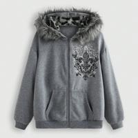 Bon&Bon Fairycore Leopard Print Oversized Zip Up Faux Fur Hoodie Light Grey / S