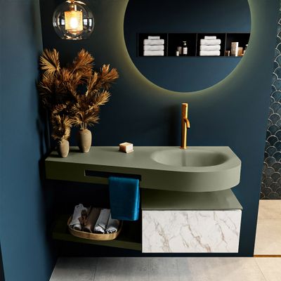 MONDIAZ RIVA 120cm badmeubel onderkast / planchet kleur carrara met 1 lade. Wastafel DULCET rechts 1 kraangat kleur Army. MONDIAZ RIVA 120cm badmeubel onderkast / planchet kleur carrara met 1 lade. Wastafel DULCET rechts 1 kraangat kleur Army.