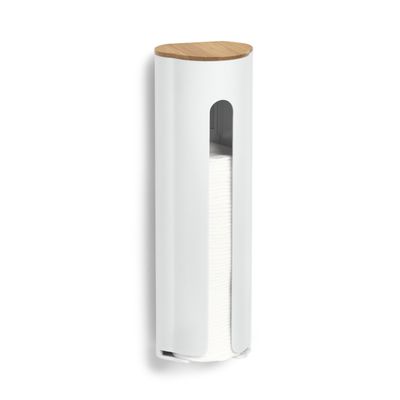Wattenschijfjes wand dispenser - kunststof/bamboe hout - wit - 8 x 7 x 25 cm