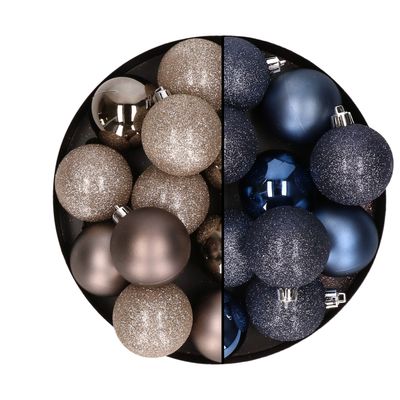 24x stuks kunststof kerstballen mix van champagne en donkerblauw 6 cm