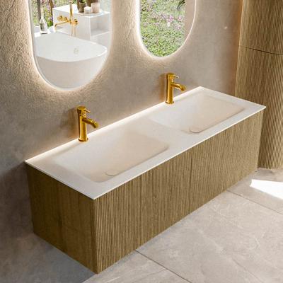 Badmeubel Mondiaz Kurve | 130 cm cm | Meubelkleur Dusk | Wastafelkleur Talc | Solid surface | Wasbak beiden zijden spoelbak | 2 kraangaten