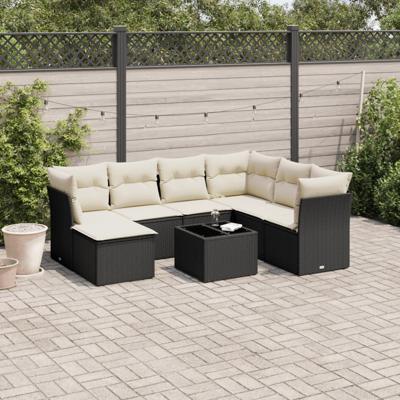8-delige Loungeset met kussens poly rattan zwart