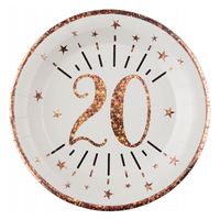 Santex Verjaardag feest bordjes leeftijd - 10x - 20 jaar - rose goud - karton - 22 cm   -