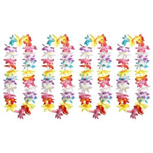 Hawaii krans/slinger - 4x - Met LED lichtjes - Tropische/zomerse kleuren mix - Bloemen hals slingers