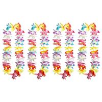 Hawaii krans/slinger - 4x - Met LED lichtjes - Tropische/zomerse kleuren mix - Bloemen hals slingers