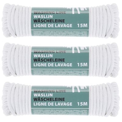 3x stuks waslijn/drooglijn wit 15 meter van polyester