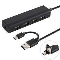 3 in 1 USB-C / Type-C + Micro USB + 4 x USB 2.0 ports HUB Converter, kabellengte: 12cm(Black)