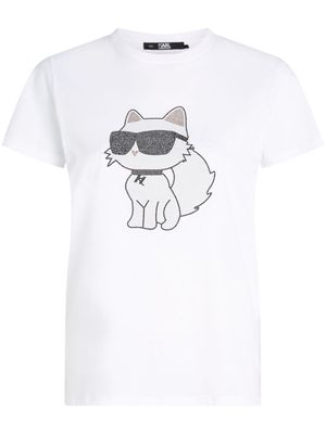 Karl Lagerfeld t-shirt Ikon Choupette à ornements strassés - Blanc