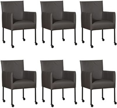 Set van 6 Donkergrijze leren moderne kuipstoel Desire - poot rond zwart met wiel - Toledo Leer Antracite (donkergrijs leer)