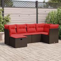 6-delige Loungeset met kussens poly rattan bruin