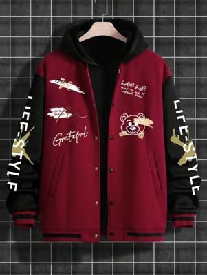 Bon&Bon Men's Navy Blue Colorblock Letter Graphic Bomber Jacket Burgundy / XXL