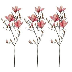 Mica Decorations Kunstbloem - 3x - magnolia beverboom - roze - 80 cm - kunsttak