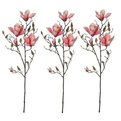 Mica Decorations Kunstbloem - 3x - magnolia beverboom - roze - 80 cm - kunsttak
