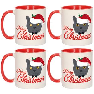 Set van 4x stuks kerstcadeau mokken/bekers rood Merry Christmas met grijze kat / poes 300 ml - Bekers