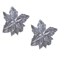 Kerstboomversiering Kerstster - 2x - 23 cm - zilver glitter - op clip - ornament - ster