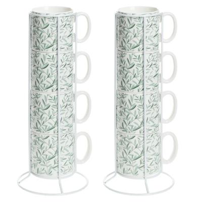 Koffiemokken Botanic - 8x stuks in rekje - Keramiek - lichtgroen - 240 ml - 7 x 8 cm