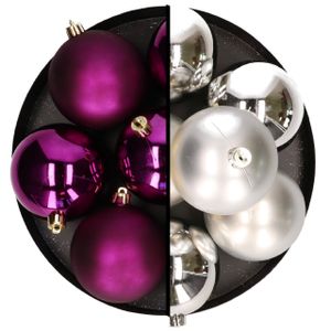 Kerstballen - 12x st - 8 cm - zilver en paars - kunststof