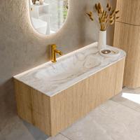 Mondiaz KURVE-DLUX 115 cm Onderkast Greeploos 1 Lade Met Deuren Oak, Wastafel Solid Surface Links Glace 1 Kraangat Zonder Spiegel (KRVBGS115R1L1D1KL-Oak/Gla)