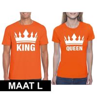 Koningsdag koppel King & Queen t-shirt oranje maat L - thumbnail