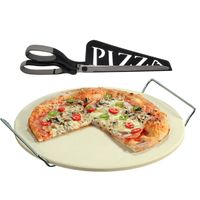 Keramieken pizzasteen rond 33 cm met handvaten en zwarte pizzaschaar - Pizzaplaten - thumbnail