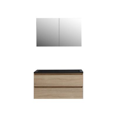 Badkamermeubel BWS Pepper Wastafel Acryl Mat Zwart Incl Spiegelkast 2 Deurs Met 2 Kraangaten 100x55x46 cm Eiken