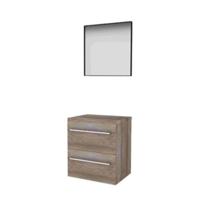 Basic-Line Framed 46 Badkamermeubelset - 60 x 46 cm - Met Grepen - 2 Lades - Wastafelblad - Spiegel met Zwart Aluminium Frame - Scotch Oak