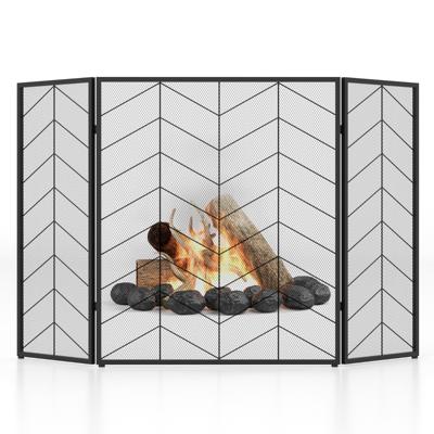 3-Pans Klapschoorsteen Scherm Metalen Schoorsteen Scherm 132 x 79 cm Landschap Patroon Gaas Vonkenvanger Beschermrooster voor Kachel
