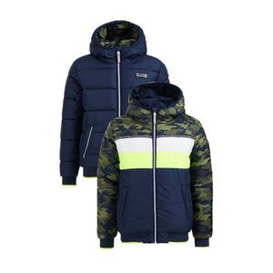 WE Fashion reversible gewatteerde winterjas donkerblauw/groen/wit/geel