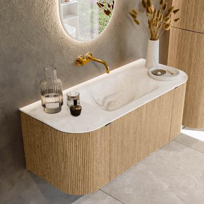 Badmeubel Mondiaz Kurve-Dlux | 110 cm | Meubelkleur Oak | Wastafelkleur Frappe | Solid surface | Midden spoelbak | Zonder kraangat(en)