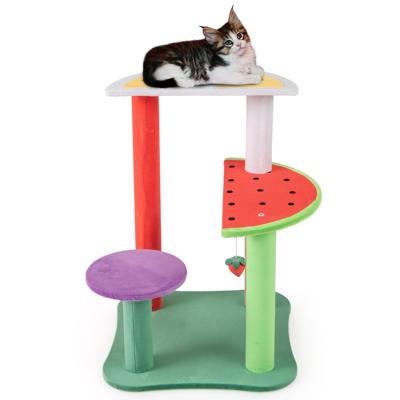 69 CM Schattige Krabpaal Multi-Level Kattentoren in de Vorm van Fruit met Platforms Hangende Aardbei Bal