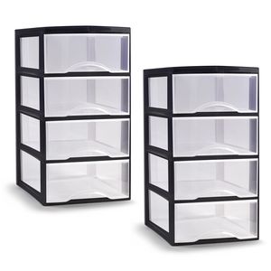 Ladeblokje/bureau organizer - 2x - 4 lades - transparant/zwart - L26 x B36 x H49 cm -