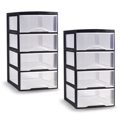 Ladeblokje/bureau organizer - 2x - 4 lades - transparant/zwart - L26 x B36 x H49 cm -